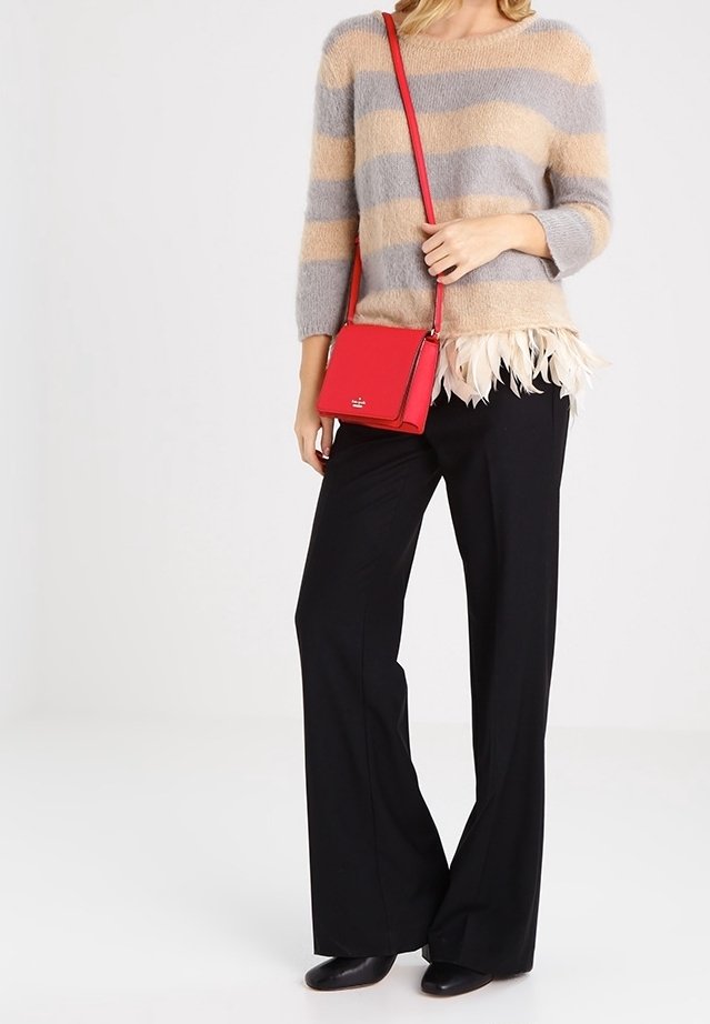 Maglione a righe grigio e beige con bordi in piume, pantaloni neri a gamba larga e una piccola borsa a tracolla rossa. Tessuto-texturizzato, design casual.