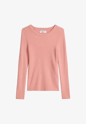 Langsleeve, geribbelde top in zachte roze stof met een brede ronde halslijn. Eenvoudig ontwerp zonder patronen of versieringen.