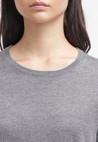Šedý pletený svetr s kulatým výstřihem, který má hladkou texturu a ribbed detaily na límci. Žádné viditelné logo ani vzory.