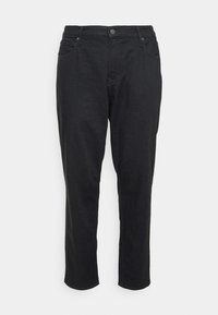 Zwarte, rechte denimbroek met een ritsluiting, voor- en achterzakken en subtiele stikseldetails.