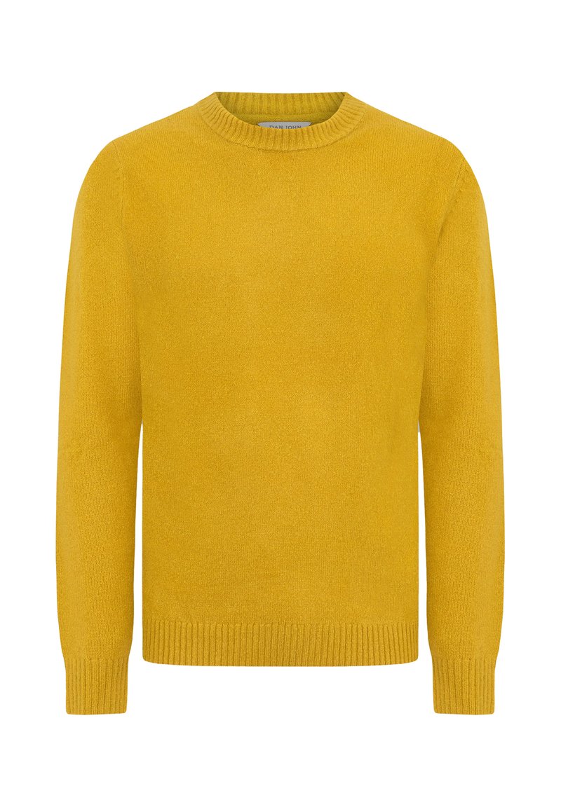 Gelber Strickpullover mit Rundhalsausschnitt, langen Ärmeln und gerippten Bündchen sowie Saum. Weiche Textur mit glatter Oberfläche.