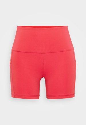 Røde træningsshorts lavet af strækbart materiale, med en høj talje og sidelommer, samt flade sømme for komfort og holdbarhed.