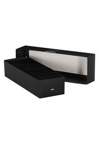 Schwarze rechteckige Box mit matter Oberfläche, enthält sechs gerollte Gegenstände, umrandet mit grünem Text, mit einem weißen Innenraum und Logo an der Seite.