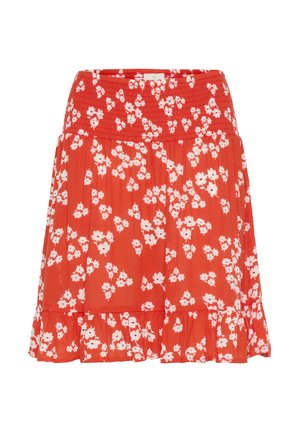 Röd blommig kjol med vita blommönster, med en smockad midja och en volangkant. Tillverkad av lättviktsmaterial, avslappnad design.