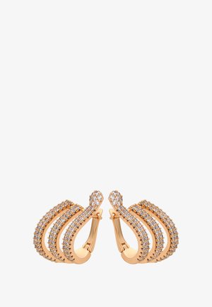 Ohrringe aus Roségold mit einem wellenförmigen Design und drei geschwungenen Reihen, dekoriert mit klaren Strasssteinen für Glanz und Detail.