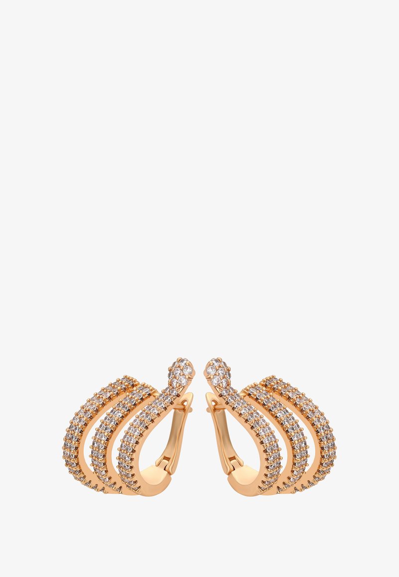 Náušnice z ružového zlata s vlnitým dizajnom, pozostávajúce z troch zakrivených radov, ozdobené jasnými rhinestones pre lesk a detail.