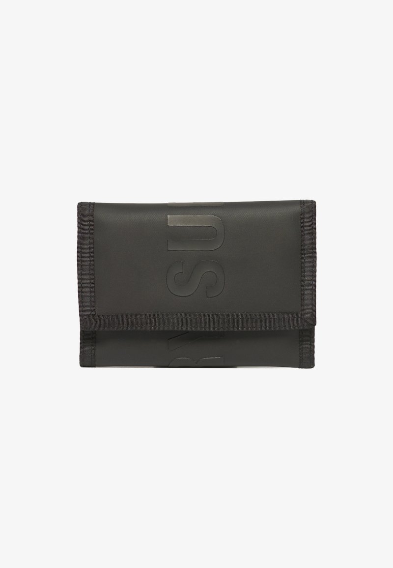 Black foldable wallet made of textured material, featuring embossed letters on the front, with a contrasting fabric closure.