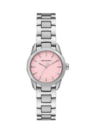 Montre en acier inoxydable argenté avec un cadran rose, des index argentés et un boîtier rond. Elle possède un bracelet de style maillon.