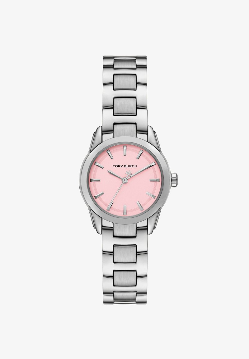 Silberne Edelstahl-Uhr mit einem pinkfarbenen Zifferblatt, silbernen Stundenmarkierungen und einem runden Gehäuse. Verfügt über ein Gliederarmband.