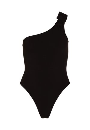 Costume intero nero con una spalla, realizzato in tessuto liscio, caratterizzato da una spallina arricciata e da un design con gambe ad alta sgambatura.