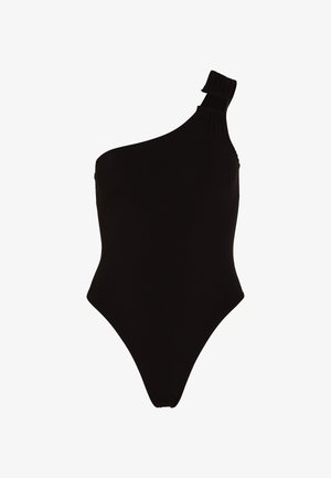 Costume intero nero con una spalla, realizzato in tessuto liscio, caratterizzato da una spallina arricciata e da un design con gambe ad alta sgambatura.