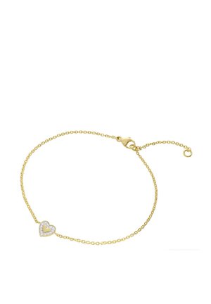 Delicate gold chain bracelet with a small heart-shaped charm encrusted with clear stones and a lobster clasp closure.