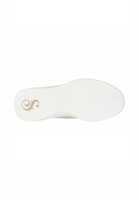 Witte rubberen schoenzool met een visgraatprofiel en een gestileerd logo in beige op de hak. Vloeiende textuur met verhoogde accenten.