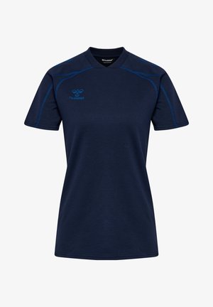Mörkblå sporttröja i bomull med korta ärmar, rund halsringning och kontrasterande blåa sömmar längs sidorna. Hummel-logotyp synlig.