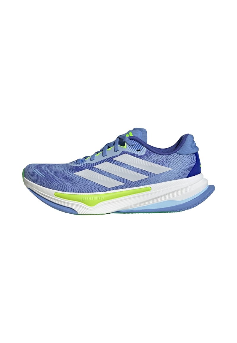 Running shoes in blue knit material with white and neon green accents. Features a sleek design with a textured sole and reinforced heel.