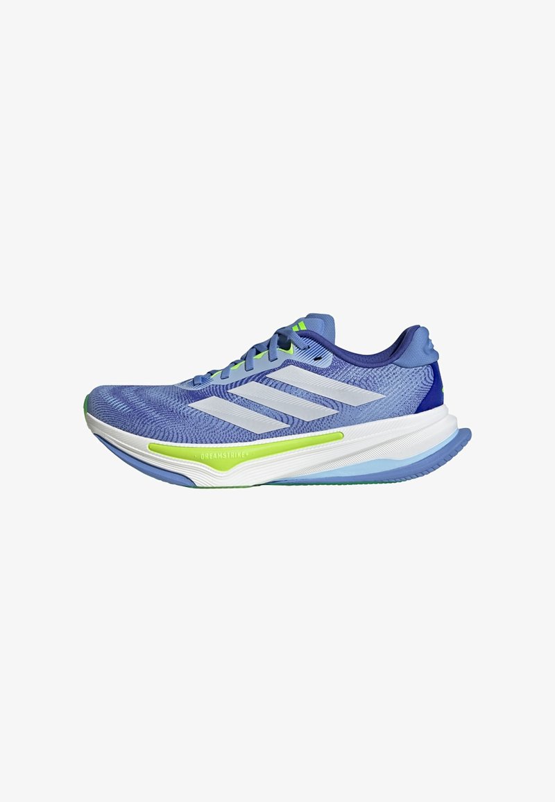 Running shoes in blue knit material with white and neon green accents. Features a sleek design with a textured sole and reinforced heel.