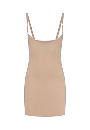 Abito canotta color nude con spalline sottili e regolabili, design elegante e texture liscia e elasticizzata. Adatto per essere indossato a strati.