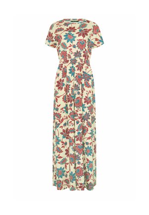 Robe longue crème avec motif floral rouge et bleu, manches courtes et taille froncée.