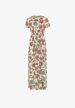 Cremefarbenes Maxikleid mit rotem und blauem Blumenmuster, kurzen Ärmeln und geraffter Taille.