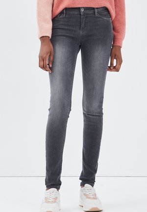 Donkergrijze skinny jeans van denim met een lichte stretch, voorzien van een klassieke vijf-pocketontwerp en een sluiting met knoop aan de voorkant.