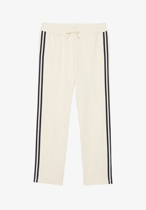 Pantalons jogger en crème avec une taille élastique et un cordon de serrage réglable. Présente deux bandes noires latérales sur chaque jambe. Texture de tissu douce.