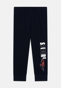 Donkerblauwe kinderpyjamabroek met elastische tailleband, met witte "SPIDER MAN" tekst en een kleurrijke gedrukte Spider-Man afbeelding.