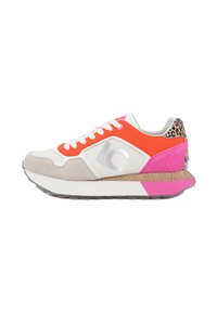 Zapatilla baja en blanco, naranja, rosa y beige con talón de estampado de leopardo, cordones blancos y logo "LC" en plata en el costado.