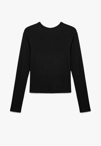 Schwarzes langärmliges Cropped-Top, leichtes Material, runder Ausschnitt, simples Design ohne zusätzliche Muster oder Hardware-Details.