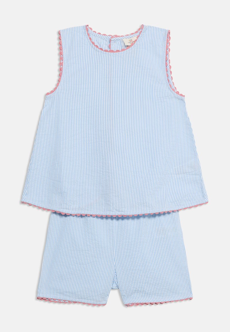 Αμάνικη μπλε και λευκή ριγέ μπλούζα με αντίστοιχο σορτς, και τα δύο με ροζ κυματιστές άκρες.