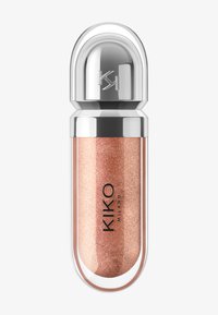 Tubetto lucido di lucidalabbra KIKO Milano in oro rosa brillante con tappo argento riflettente e logo KH in rilievo.