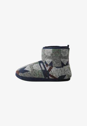 Felted wool slipper boot with a high ankle, gray and green camouflage pattern, navy trim, rounded toe, and flat sole. Soft texture.