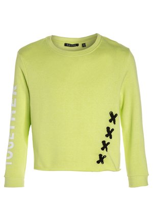 Limetkově zelená mikina s dlouhými rukávy, kulatým výstřihem a černými látkovými akcenty v podobě vzoru X na boku. Na rukávu je bíle vytištěn nápis "TOGETHER".