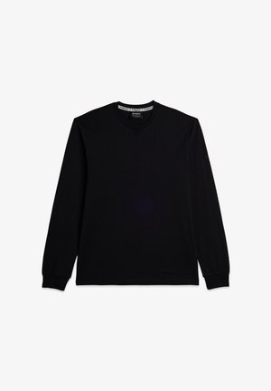 T-shirt nero a maniche lunghe realizzato in morbido cotone, con scollatura rotonda e polsini a costine. Design semplice senza motivi o dettagli.