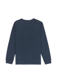 Pitkähihaisessa tummansinisessä puuvillapuserossa on pyöreä kaulus ja istuvat hihansuut. Kankaan pinta on sileä ilman näkyviä kuvioita.