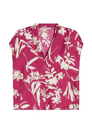 Blusa magenta a maniche corte con stampa floreale astratta color crema e collo a V.
