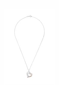 Silver chain necklace with a heart pendant. The pendant features a clear stone design and a rose gold accent, highlighting contrasting colors and textures.