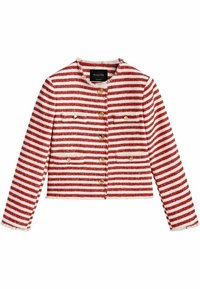Veste courte à rayures rouges et blanches avec un tissu texturé, des boutons dorés et des détails en franges le long de l'ourlet et des poignets.