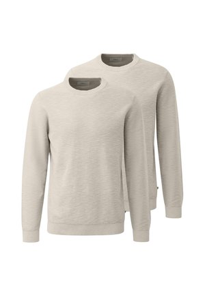 Due maglioni beige a maniche lunghe con scollo rotondo, con polsini e orli a coste, mostrati su sfondo bianco.