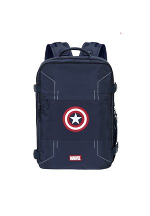 Navyblauwe rugzak van nylon, met het cirkelvormige logo van Captain America in rood en wit, verstelbare schouderbanden en meerdere ritscompartimenten.