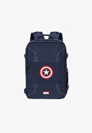 Navyblauwe rugzak van nylon, met het cirkelvormige logo van Captain America in rood en wit, verstelbare schouderbanden en meerdere ritscompartimenten.
