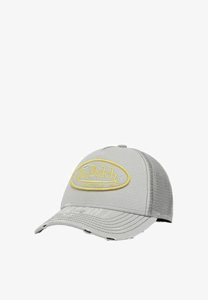 Helle graue Kappe mit einem gebogenen Schirm, Netzrücken und einem gelben gestickten ovalen Logo mit der Aufschrift "Von Dutch Originals". Abgenutzte Details am Schirm.