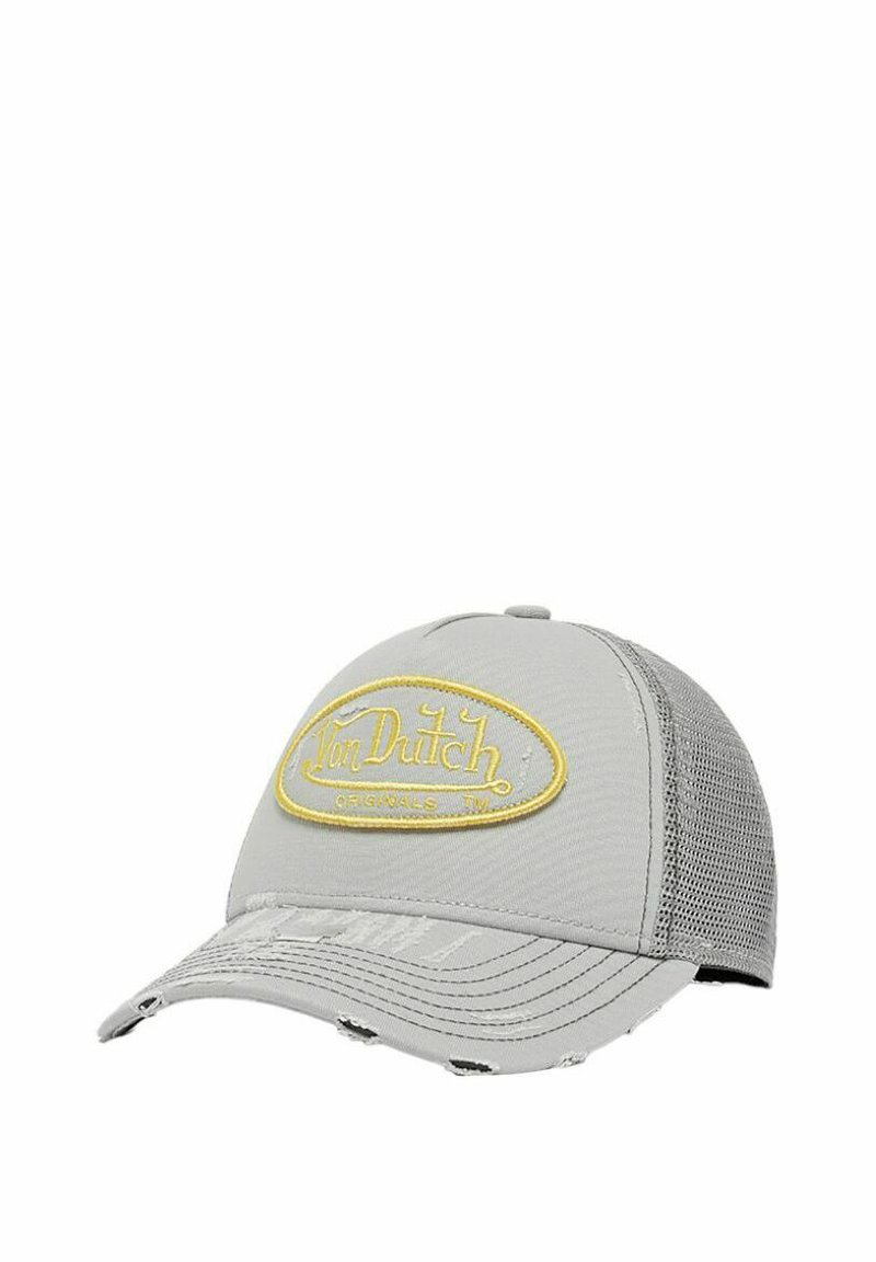 Heled halli kork, millel on kõver serv, võrkmaterjalist tagaosa ja kollane tikandiga ovaalne logo, mis ütleb "Von Dutch Originals." Kulunud detailid servas.