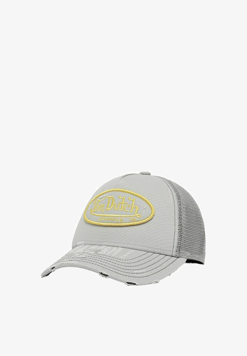 Heled halli kork, millel on kõver serv, võrkmaterjalist tagaosa ja kollane tikandiga ovaalne logo, mis ütleb "Von Dutch Originals." Kulunud detailid servas.