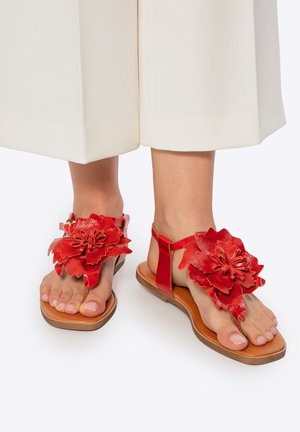 Pies con sandalias de color marrón claro decoradas con grandes flores rojas y pantalones blancos cortos, de pie sobre una superficie blanca.