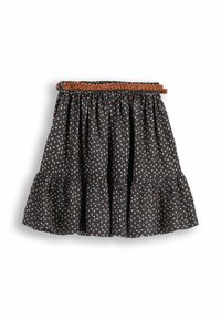 Czarna kwiecista spódnica z marszczoną gumką w pasie i falbaną u dołu. Z ozdobnymi małymi białymi i brzoskwiniowymi kwiatami, wykonana z lekkiego materiału.