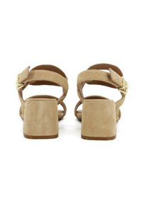 Sandali con tacco blocco in suede color sabbia, con tallone aperto e cinturino alla caviglia regolabile con dettaglio in oro. Texture liscia.