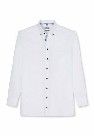 Camicia bianca a maniche lunghe con bottoni neri, colletto con bottoni, taschino sul petto e dettaglio interno del colletto con motivo sottile.