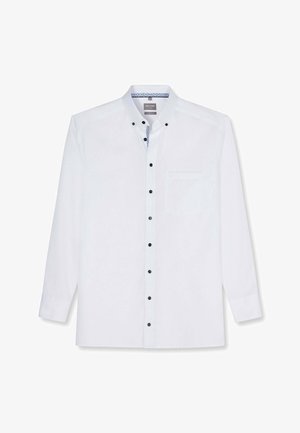 Weißes Hemd mit langen Ärmeln, schwarzen Knöpfen, Button-Down-Kragen, Brusttasche und dezent gemustertem Innenkragen.