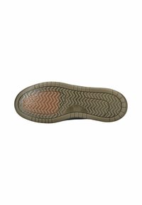 Suola di sneaker realizzata in un materiale gommoso beige con un motivo zigzag testurizzato, comprendente sezioni di presa accentuate di un marrone rossiccio.