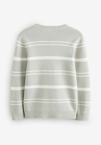 Pull gris clair avec des rayures blanches horizontales. Fabriqué en matériaux tricotés doux, avec un col rond et des bords côtelés aux poignets et à l'ourlet.